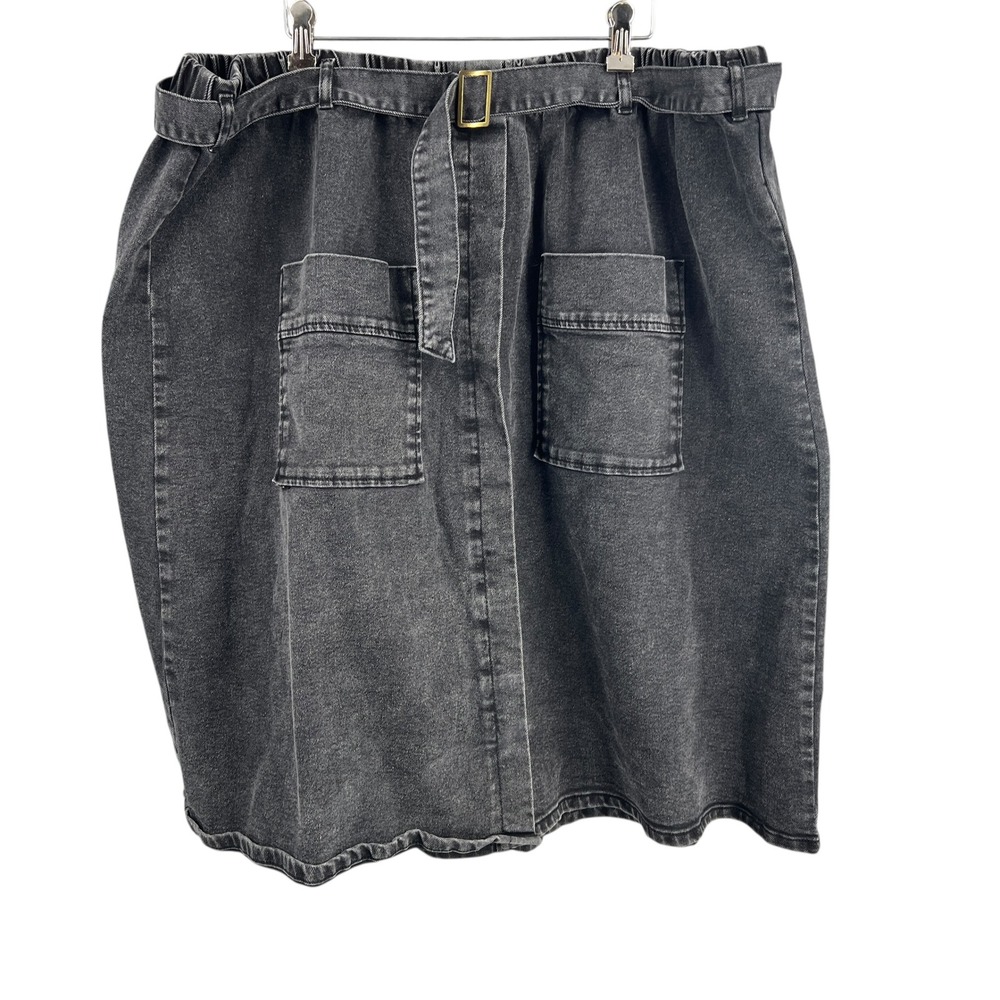 Ulla Popken Denim Skirt Black Light Wash Belted Pockets Midi Elastic Waist 24/26